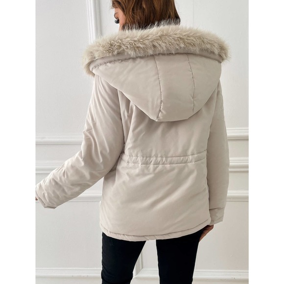 Faux fur Trim Drawstring Waist Hooded Parka puffer Coat tan - Picture 4 of 8